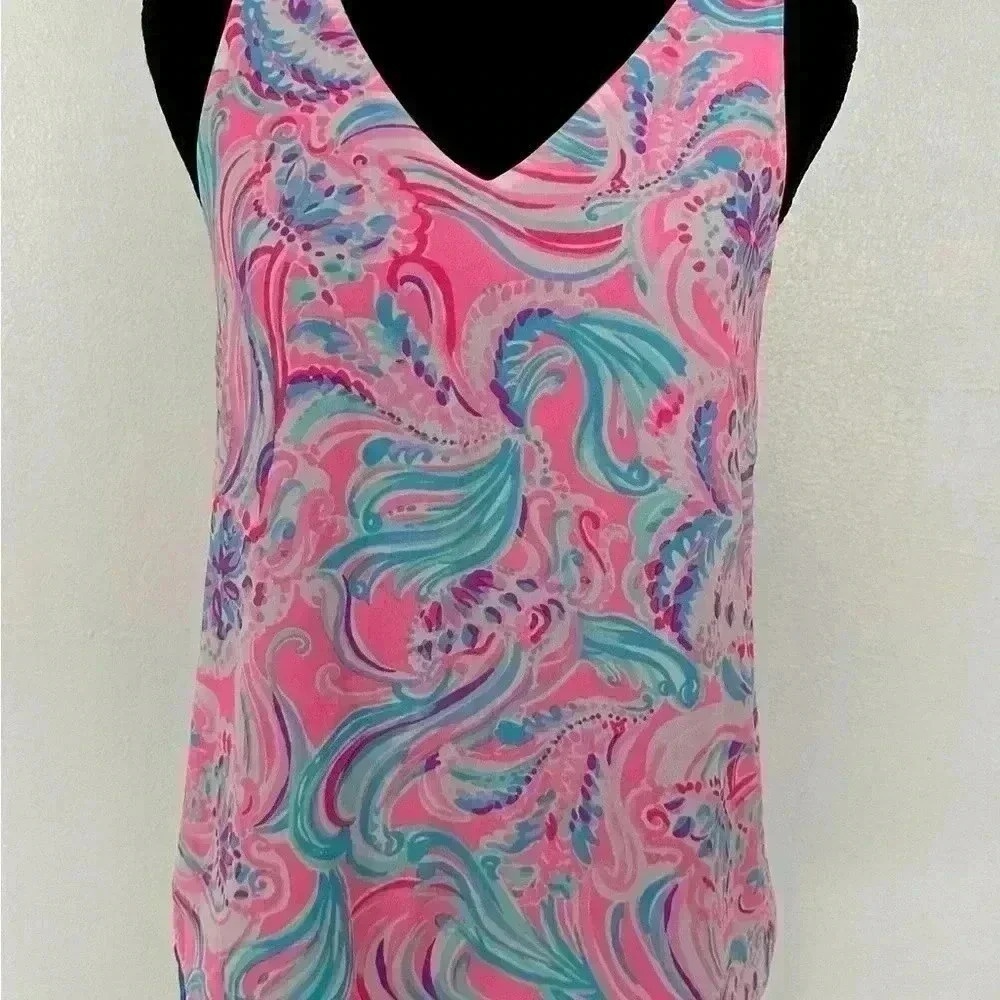 Lilly Pulitzer Sleeveless V Neck Tank Top Pink Blue Paisley Print Women sz XXS